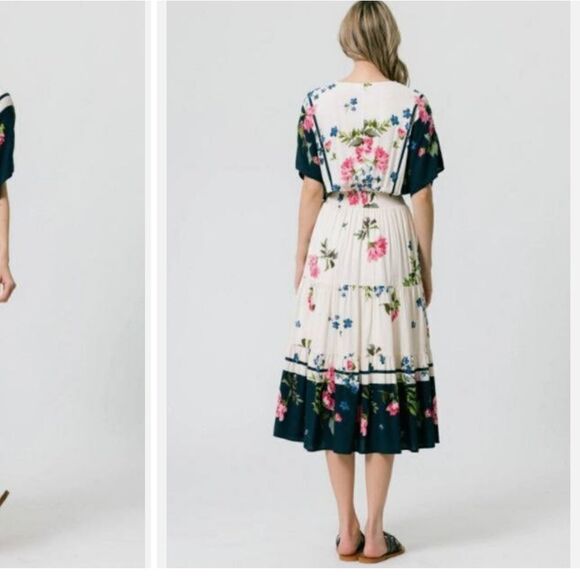 NWOT, Calista navy/ivory floral border surplus tiered midi dress - Picture 2 of 11